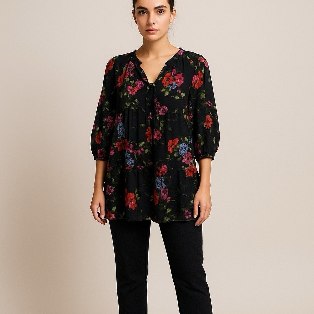 Yumi Kim Black Floral Blouse Tunic Top Women's Size S‎ Sheer Boho Oversized